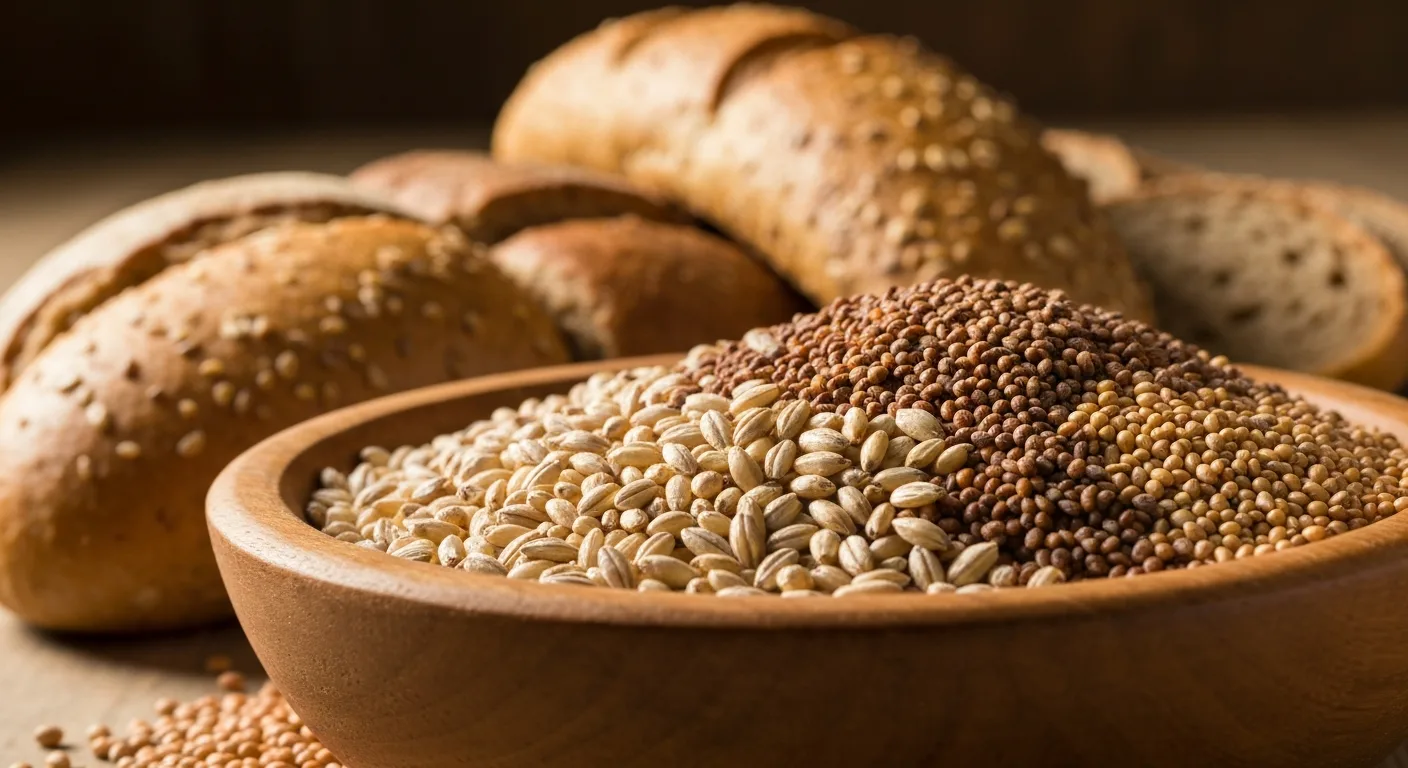 Bowl of high-fiber ancient grains including barley, teff, and sorghum