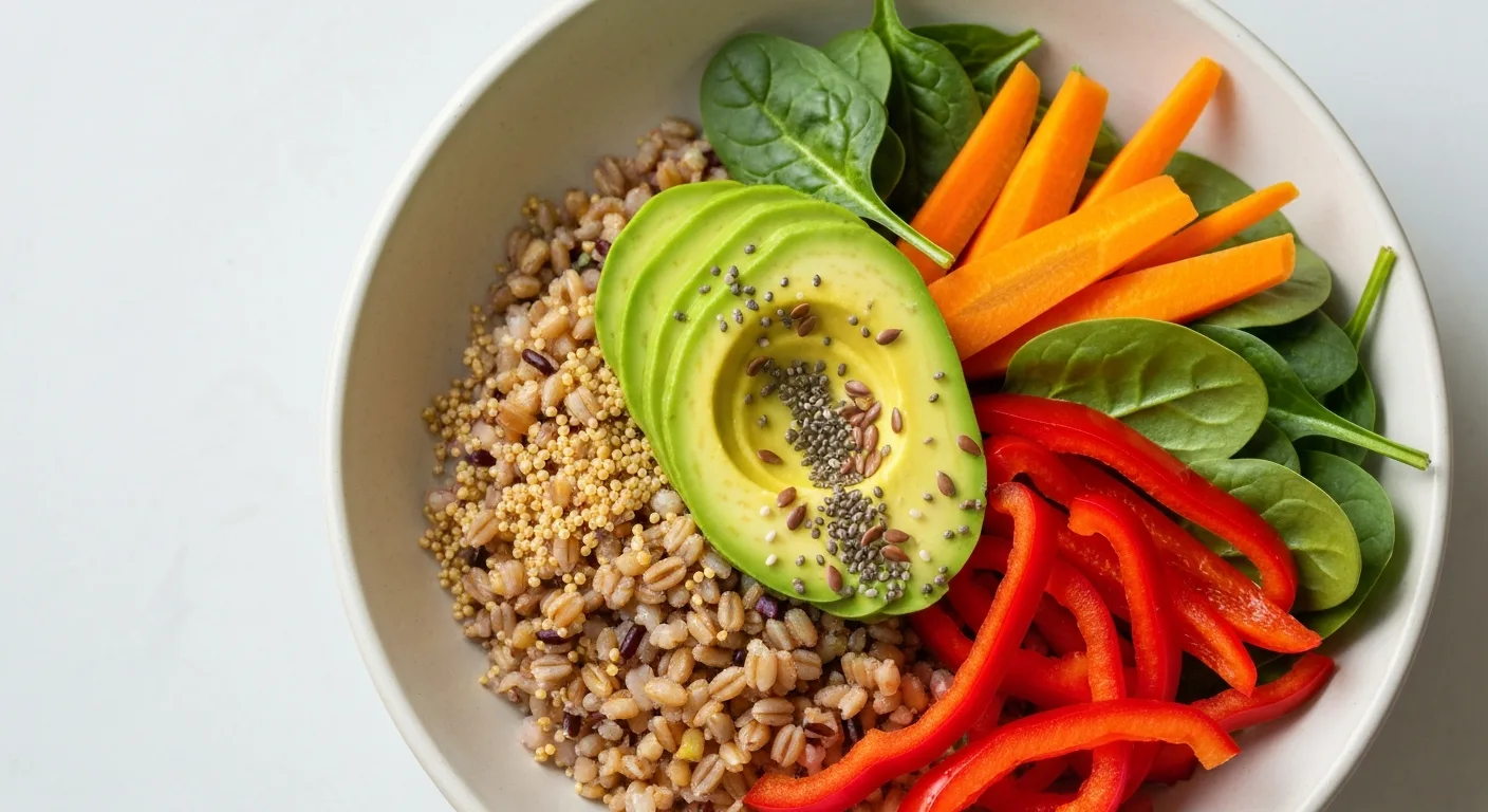 Fresh bowl of mixed ancient grains with vegetables representing a healthy diet