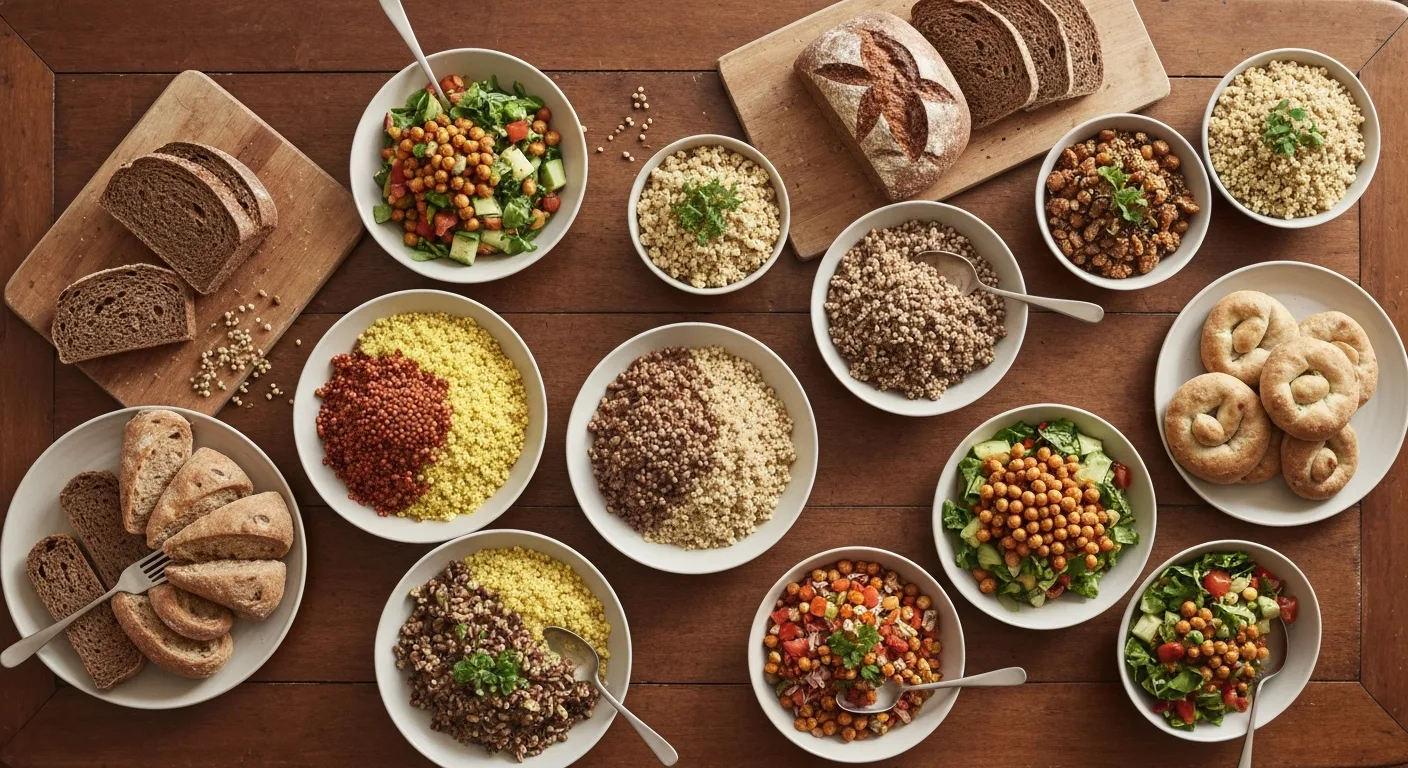 Colorful spread of ancient grain dishes including bowls, salads, and baked goods