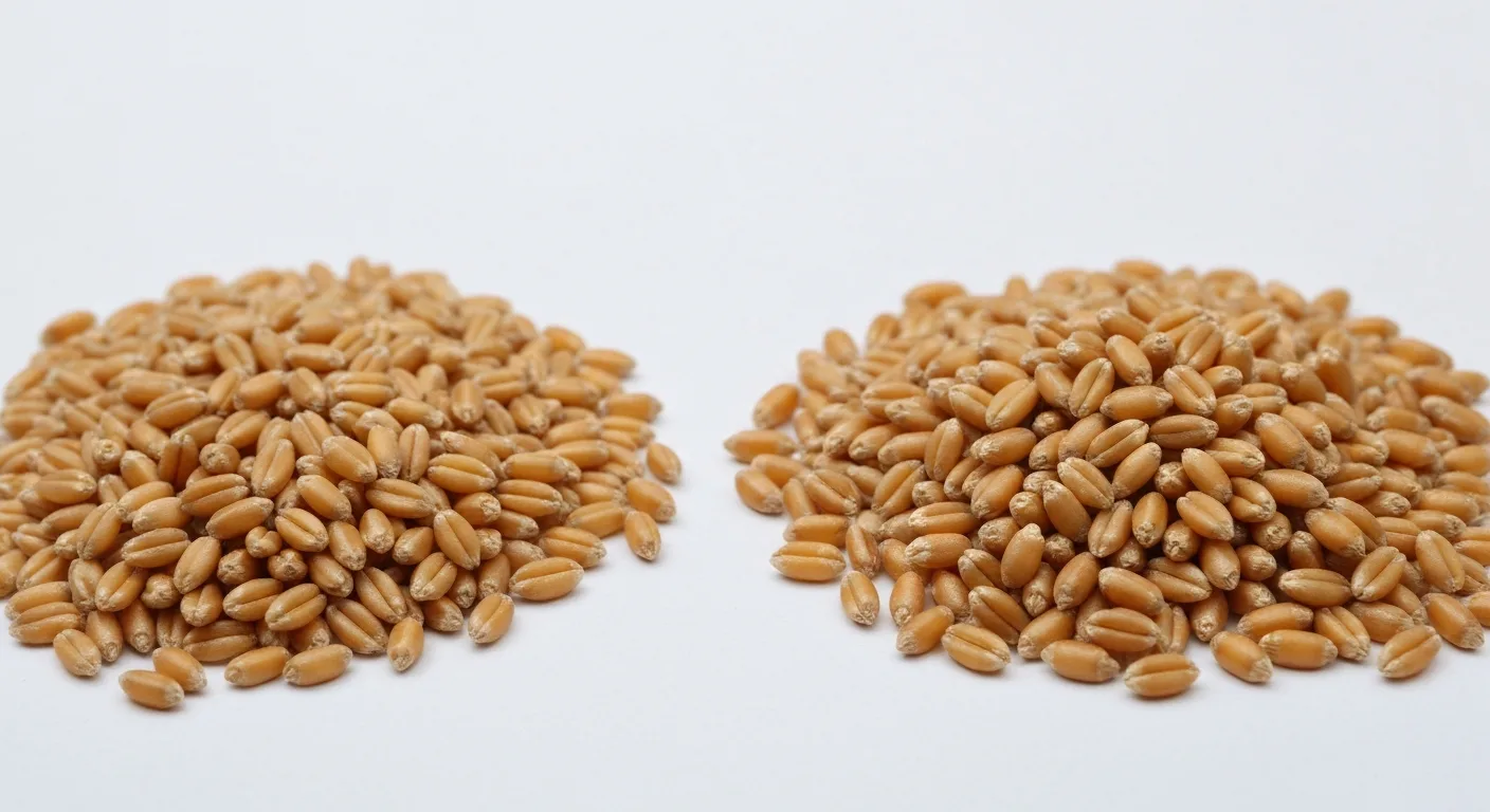 Einkorn wheat berries next to modern wheat berries showing the size difference