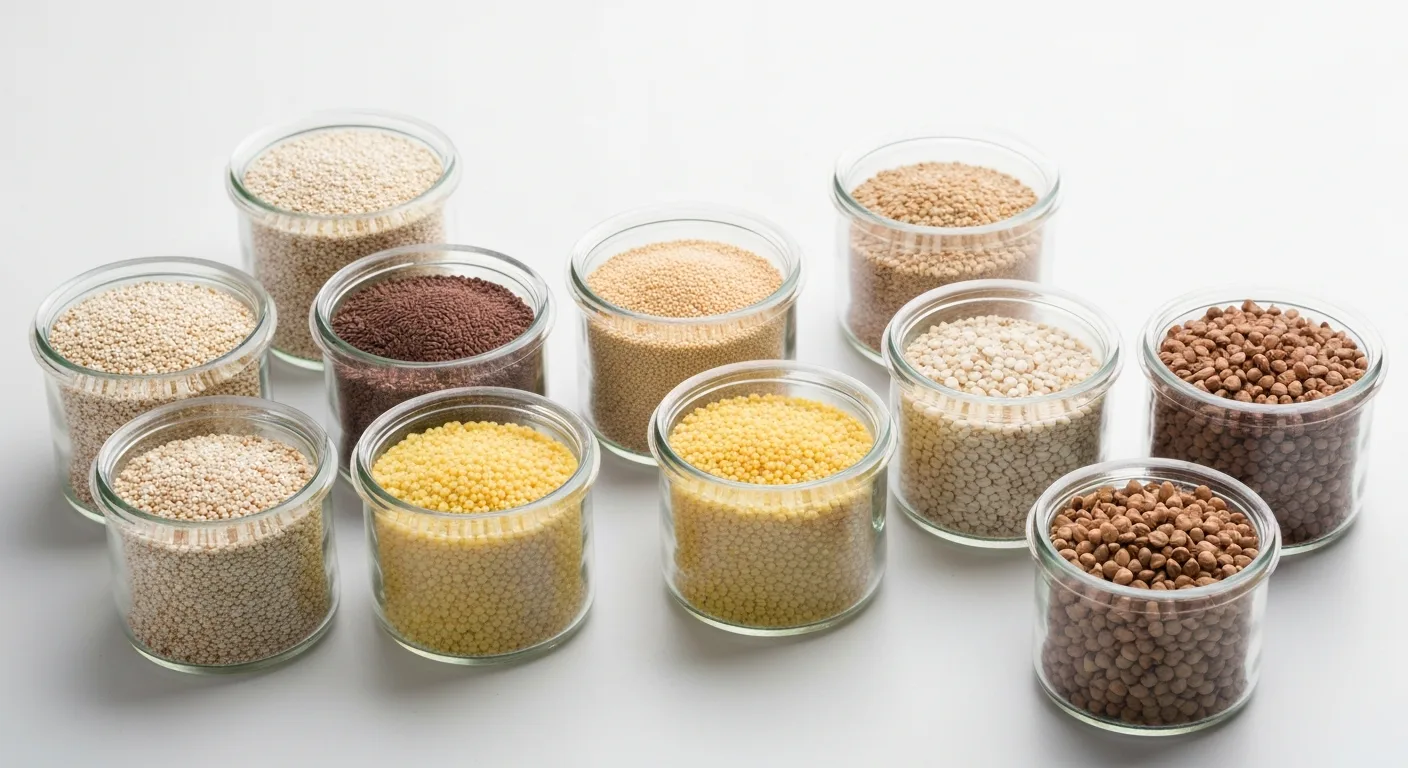 Collection of gluten-free ancient grains with a gluten-free certification symbol