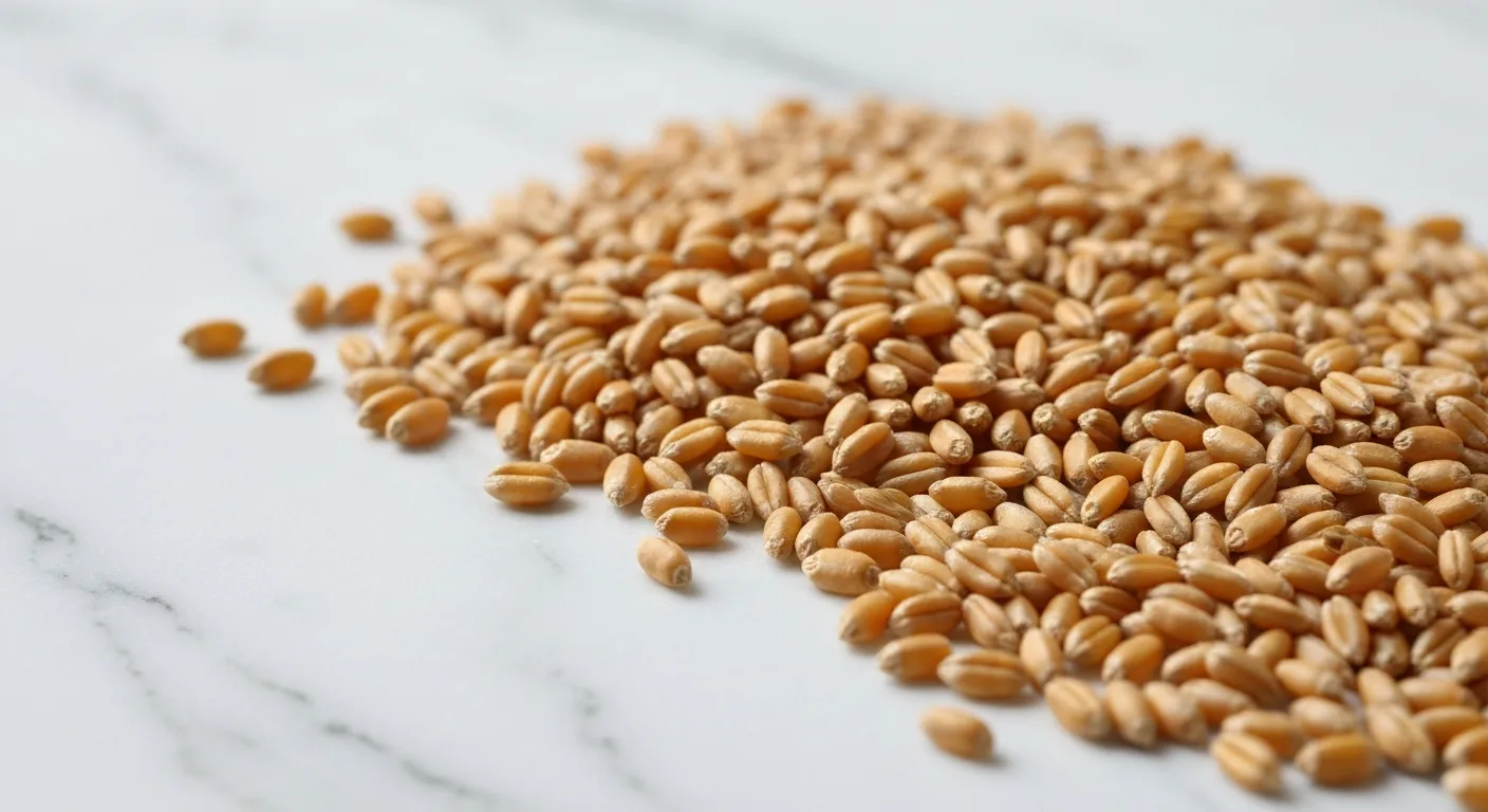 Large golden kamut (khorasan wheat) kernels compared to regular wheat berries