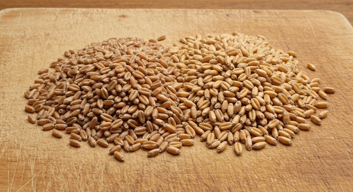 Spelt grains and wheat grains side by side on a wooden cutting board