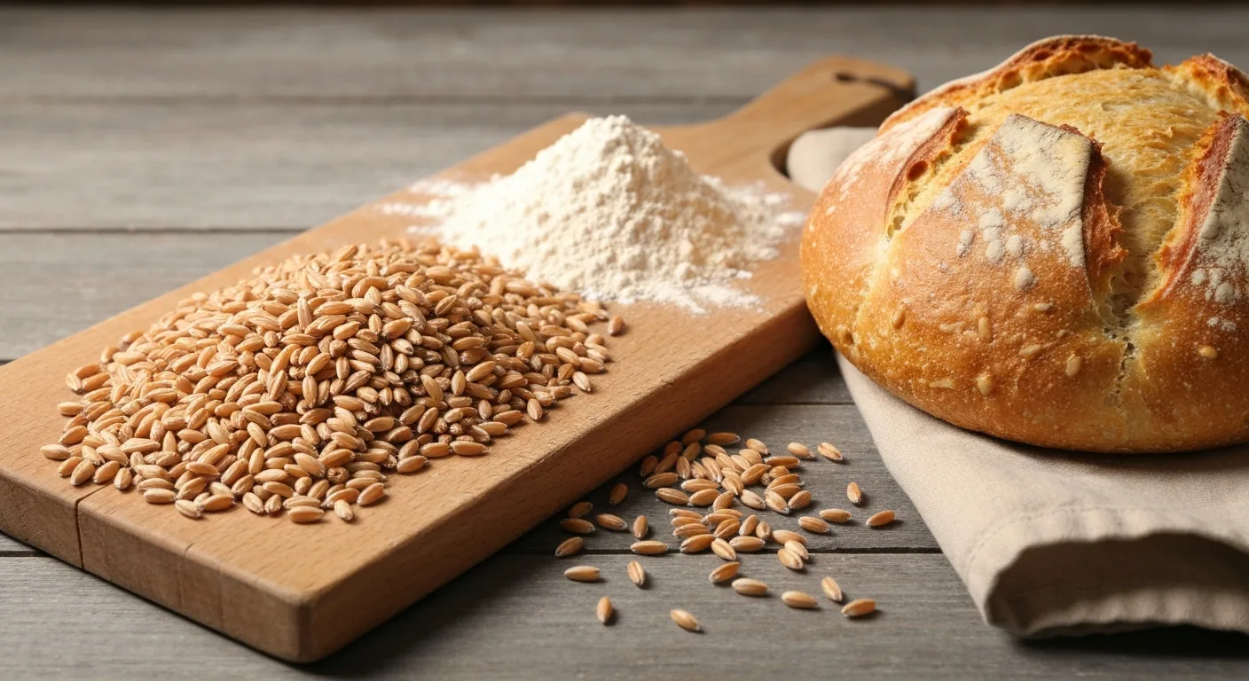 Spelt berries and spelt flour on a wooden surface with bread loaf